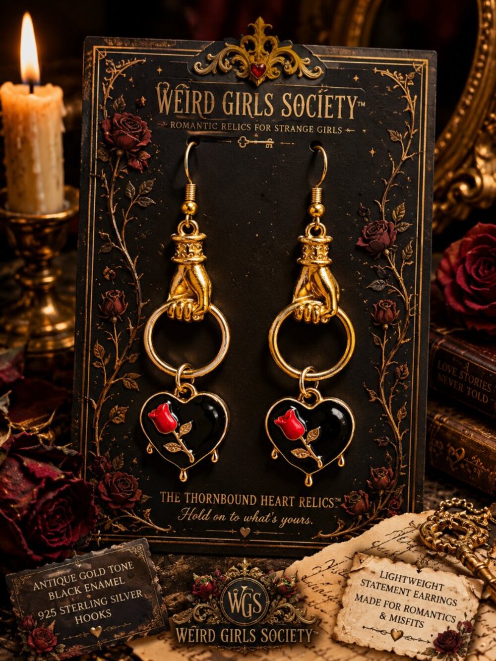 The Thornbound Heart Relics™ Gothic Rose Heart Earrings